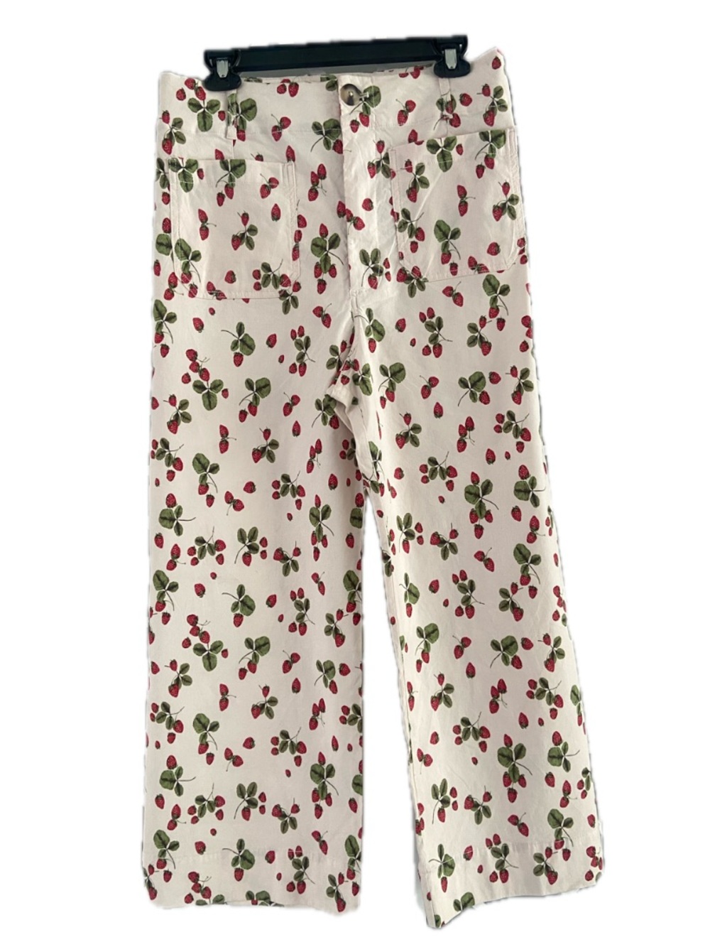 MAEVE Colette Linen Blend Wide Leg Pants 32 Cream Strawberry Print High Rise EUC